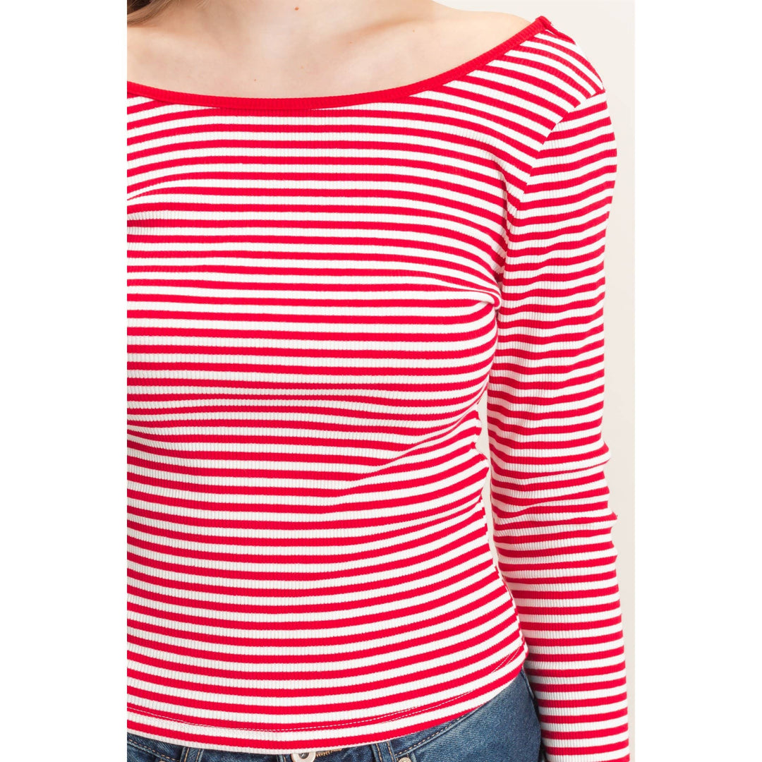 Red Striped Boat Neck Top