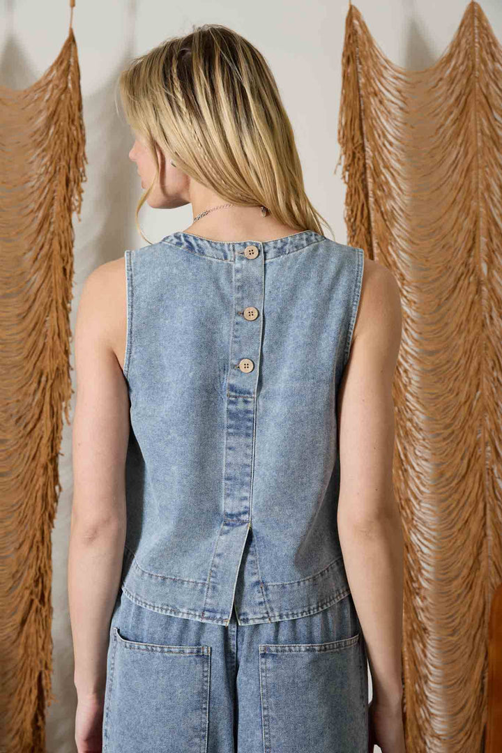 Denim Button Back Sleeveless Top