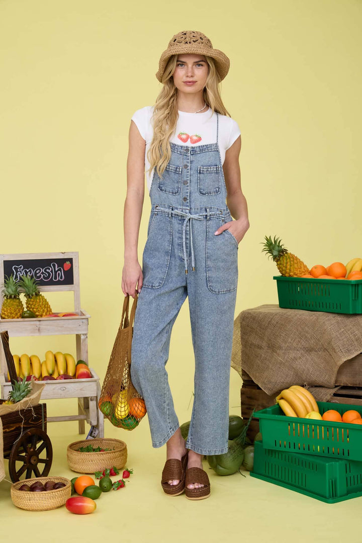 Washed Denim Spaghetti Strap Overalls