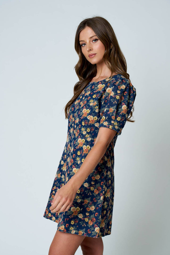 Denim Floral Puff Sleeve Mini Dress