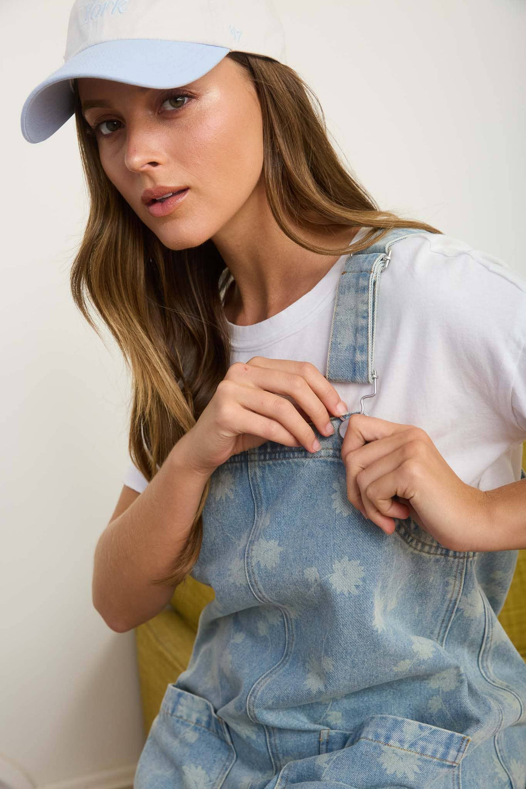 Dandelion Print Light Denim Overall Dress