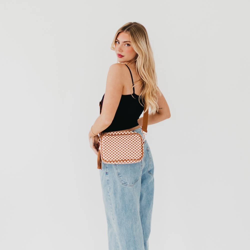 Willow Woven Checkered Brown Crossbody Bag
