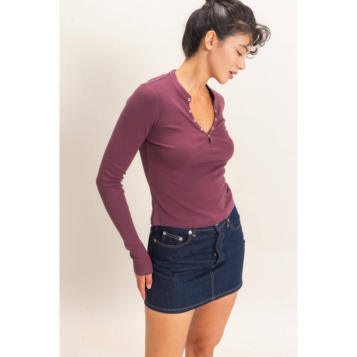 Dark Cherry Long Sleeve Henley Top