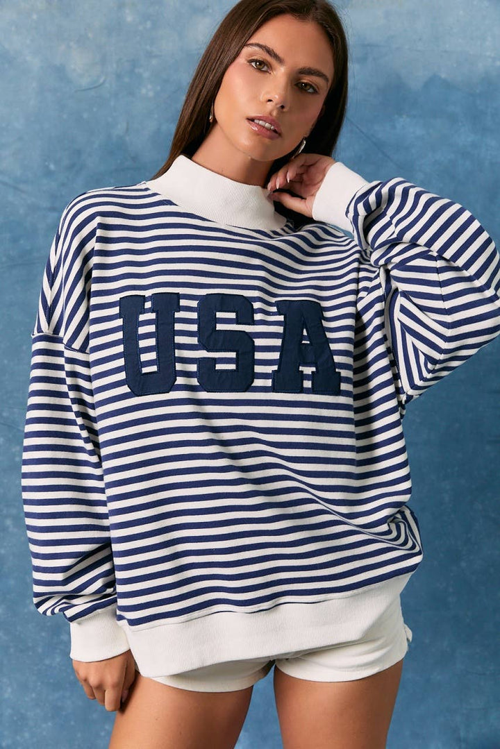 Navy Striped USA Mock Neck Sweatshirt