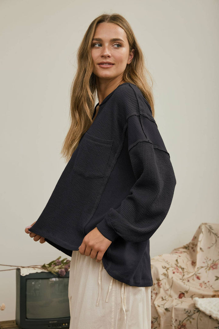 Charcoal Split Neck Ribbed Top