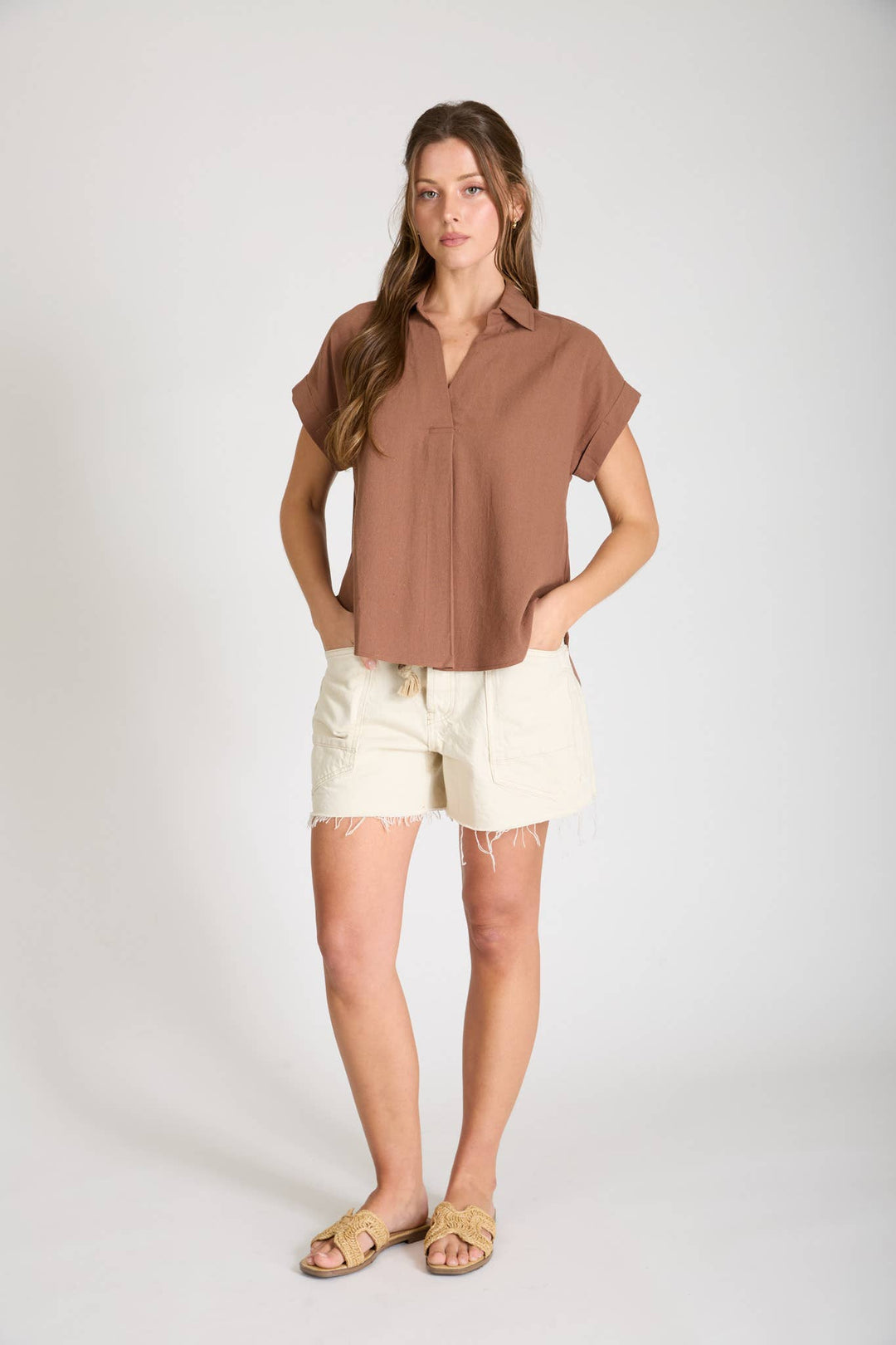 Almond Collared Cuff Sleeve Linen Top