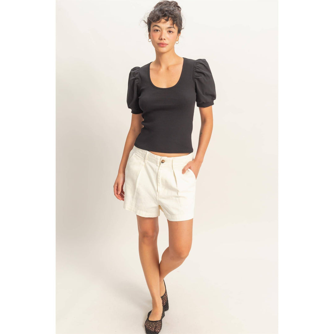 Black Ribbed Puff Sleeve Top