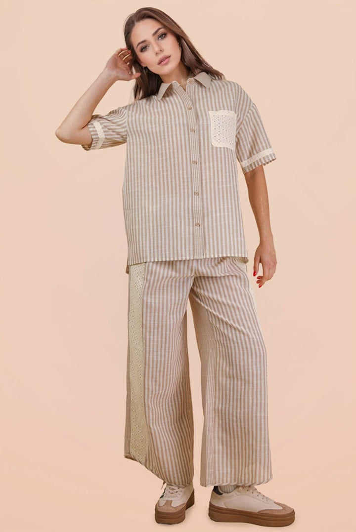 Taupe Lace Contrast Stripe Shirt