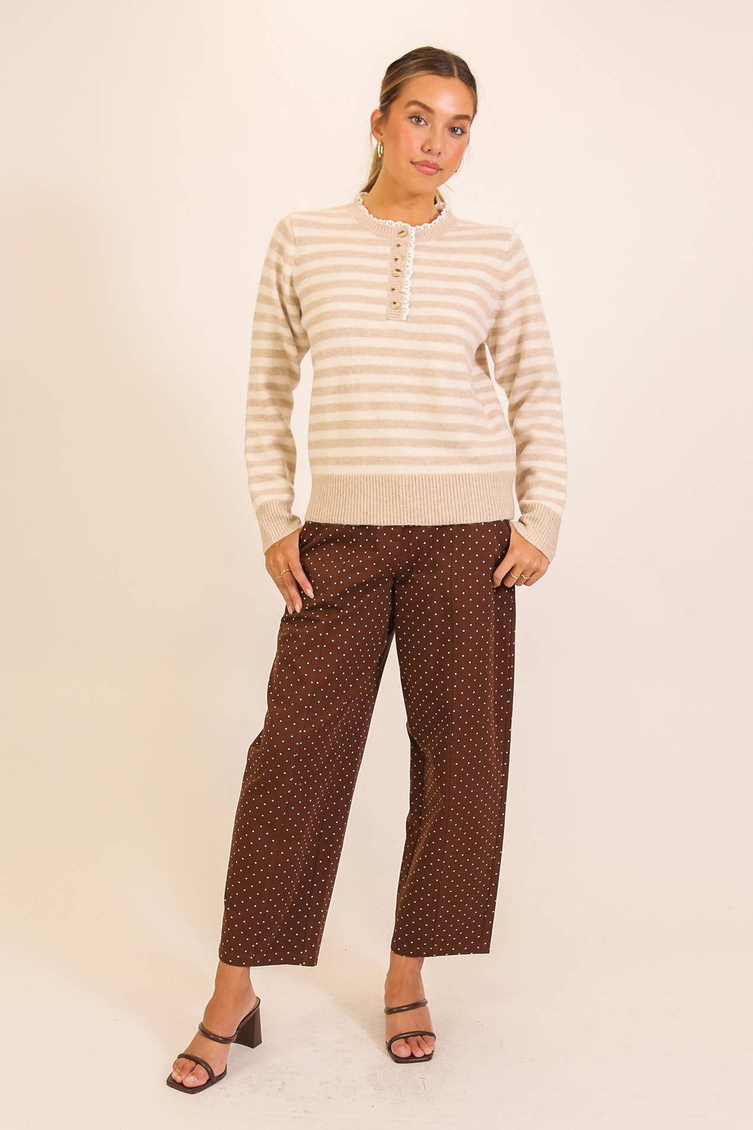 Taupe Stripe Henley Knit Sweater