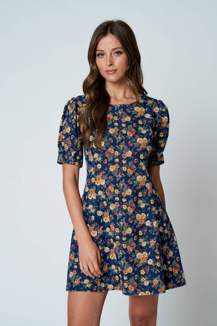 Denim Floral Puff Sleeve Mini Dress