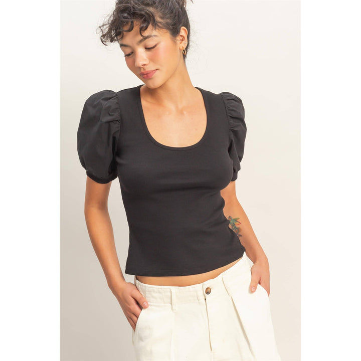 Black Ribbed Puff Sleeve Top