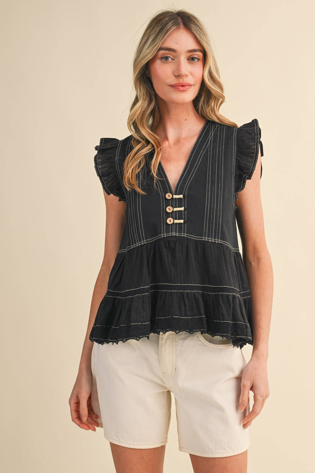 Black Stitch Lace Trim Top