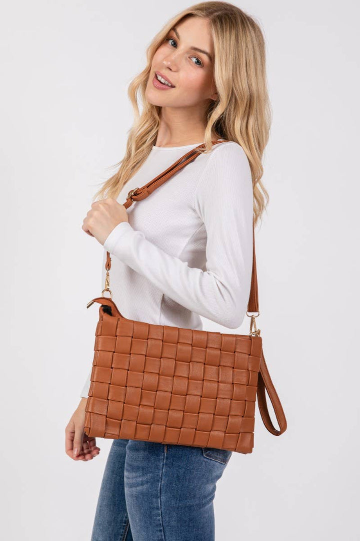Brown Leather Basket Weave Handbag