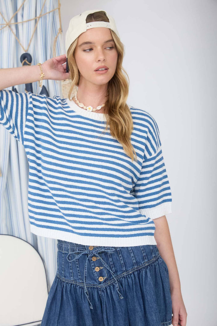 Blue Stripe Short Sleeve Sweater