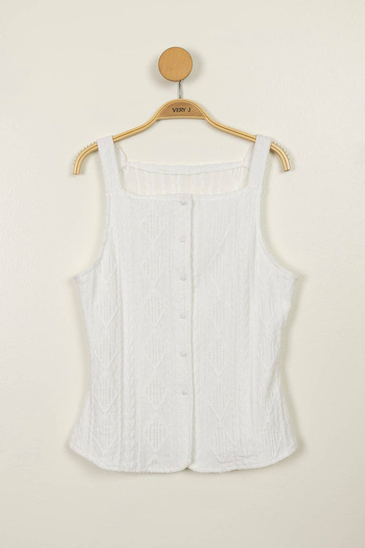 White Textured Sleeveless Button Down Top