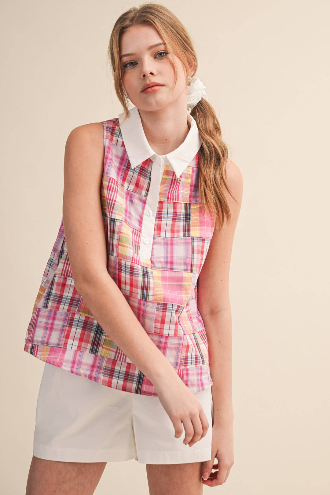 Pink Plaid Patchwork Sleeveless Top