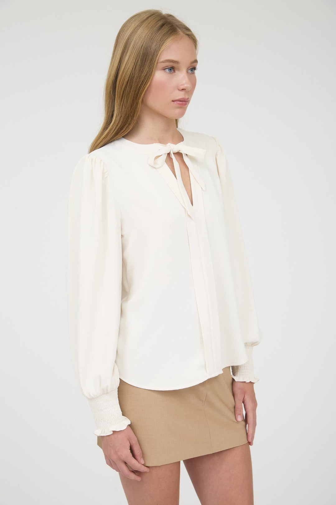 Cream Necktie Long Sleeve Top