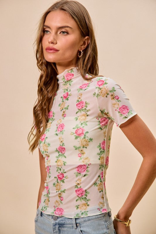 Pink Floral Rose Print Mesh Top