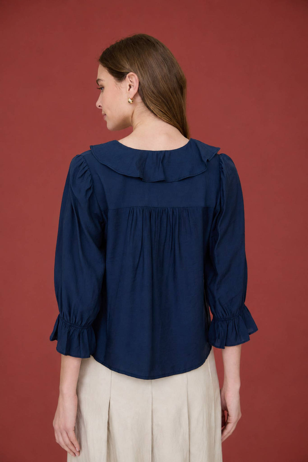 Navy Ruffled Button Down Blouse