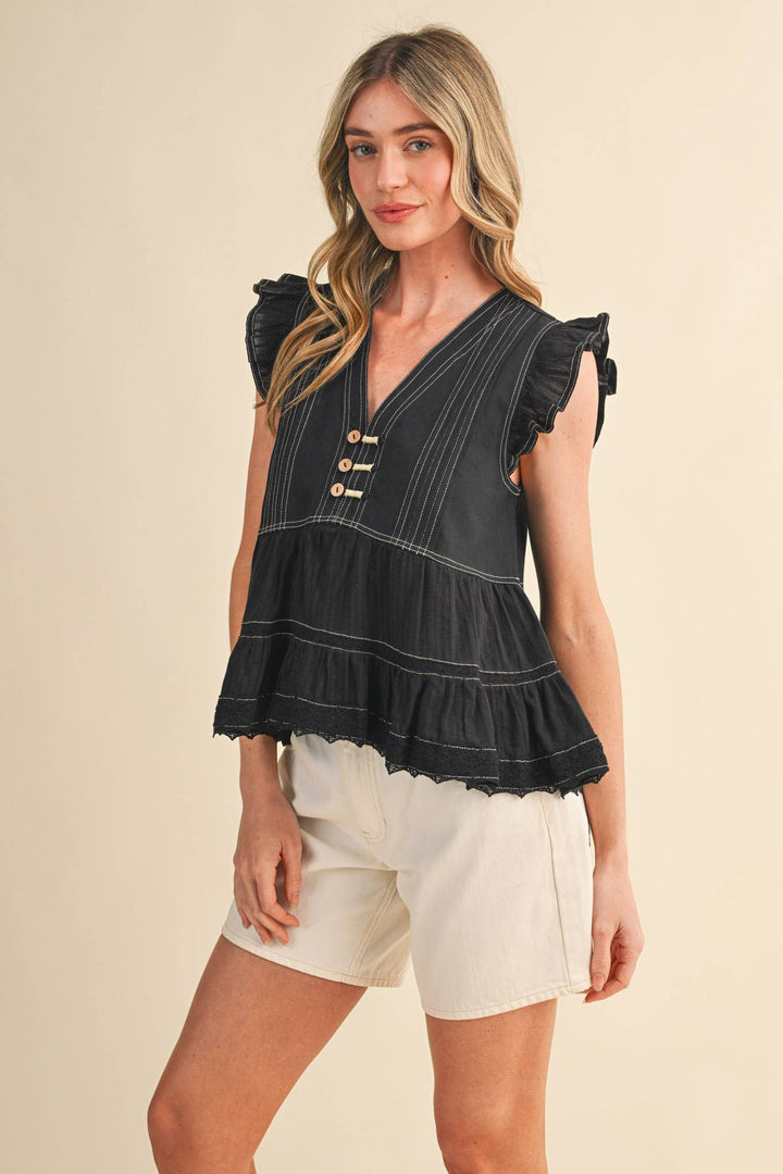 Black Stitch Lace Trim Top