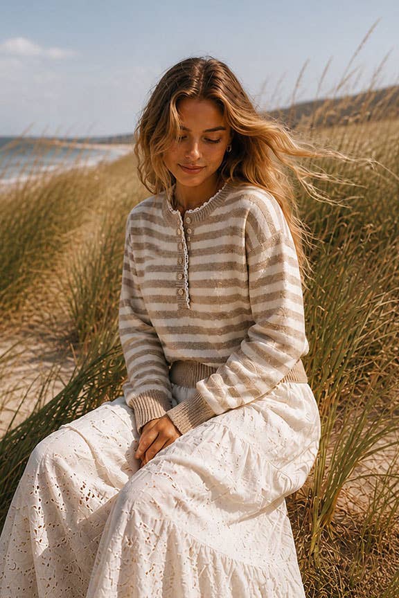 Taupe Stripe Henley Knit Sweater