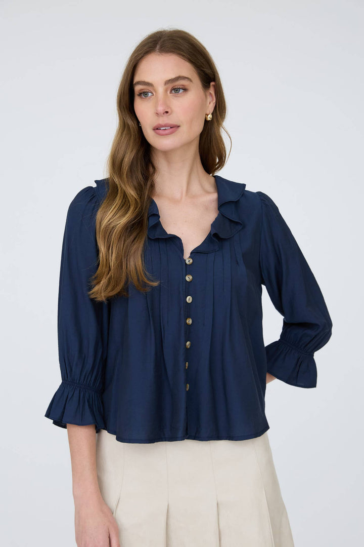 Navy Ruffled Button Down Blouse