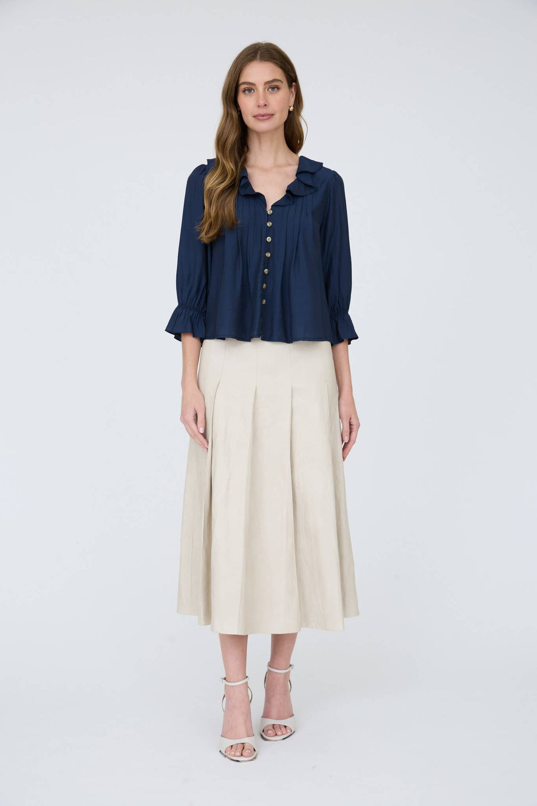 Navy Ruffled Button Down Blouse