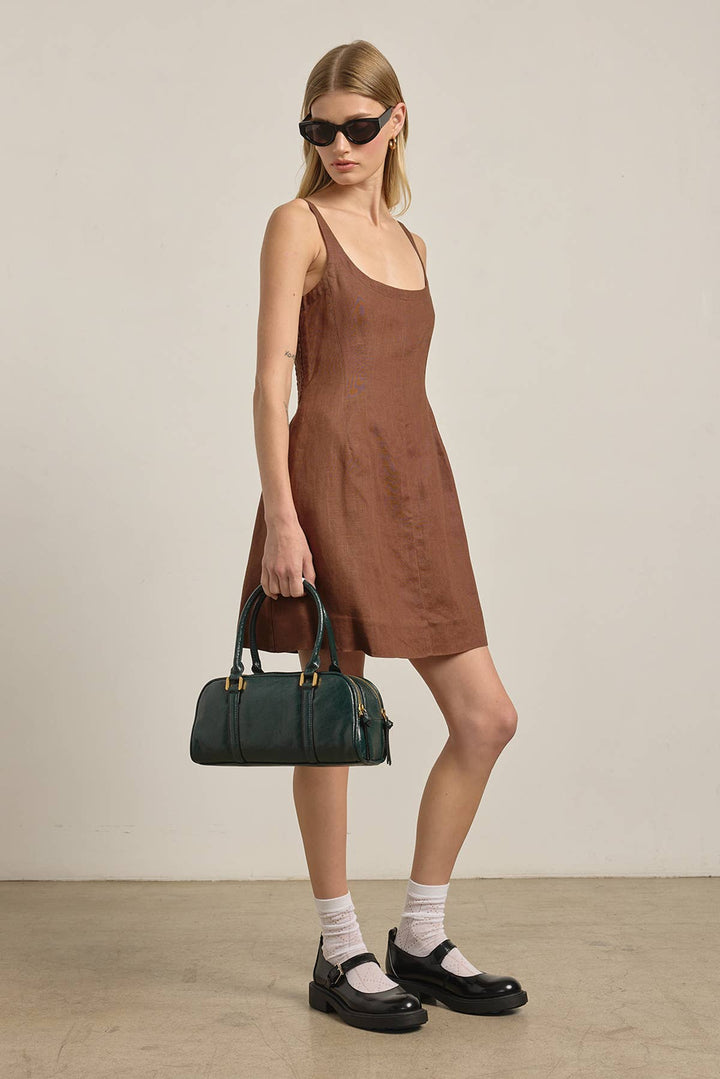 Brown Linen Square Neck Mini Dress