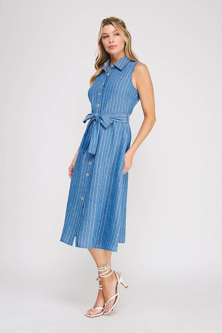 Royal Blue Striped Button Down Midi Dress