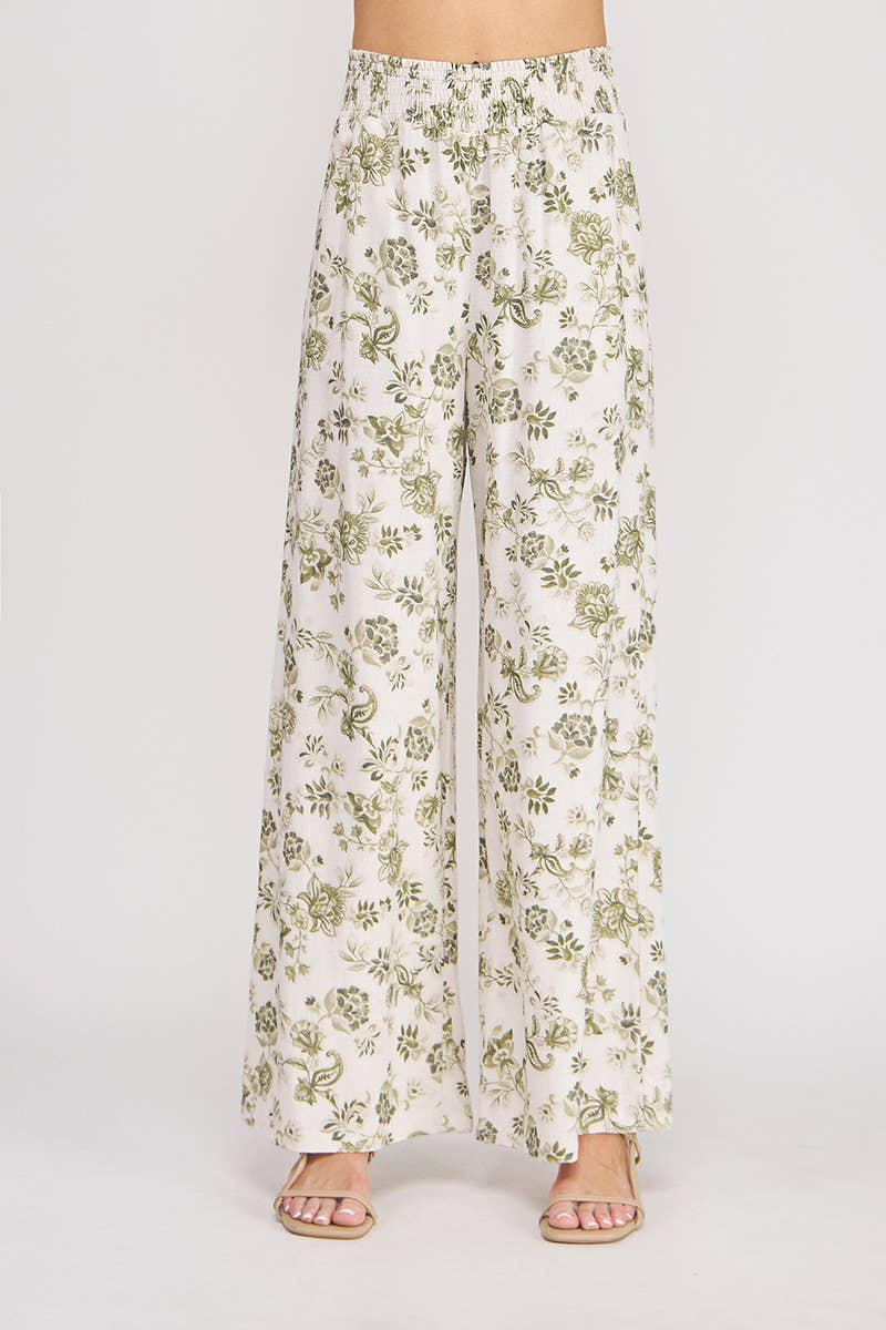 Olive Smocked Wide Leg Pant