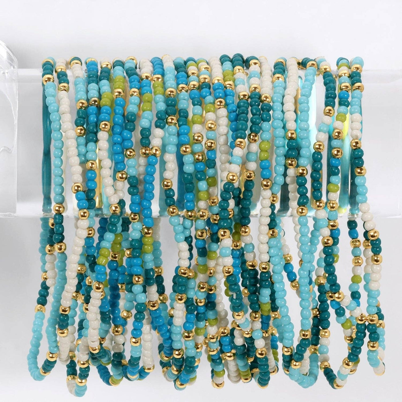 Blue/White/Green Stretch Seed Bead Bracelets