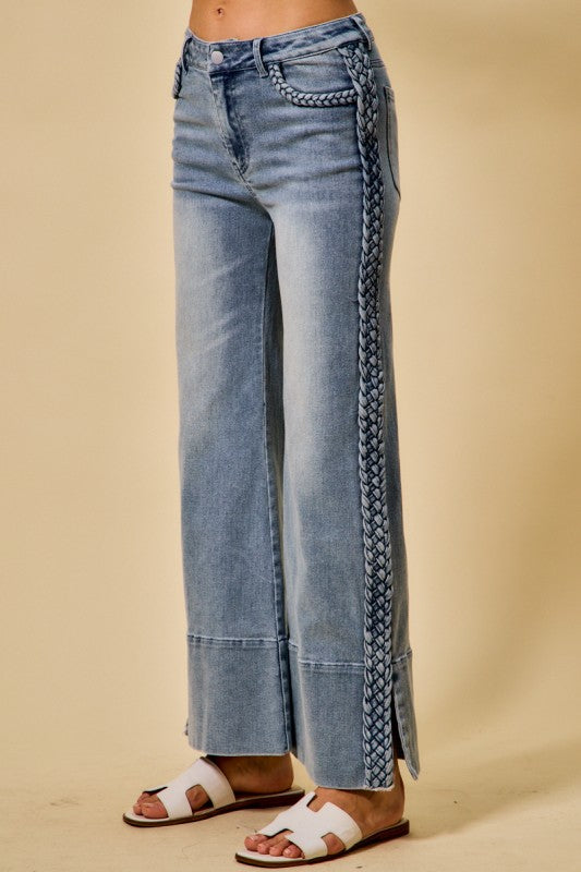 Braided Wide Leg Flare Jeans