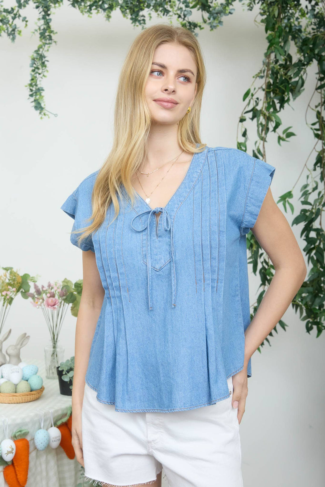 Chambray Front Tie Pintuck Top