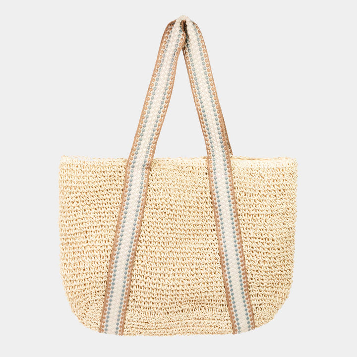 Embroidered Strap Straw Knit Tote Bag