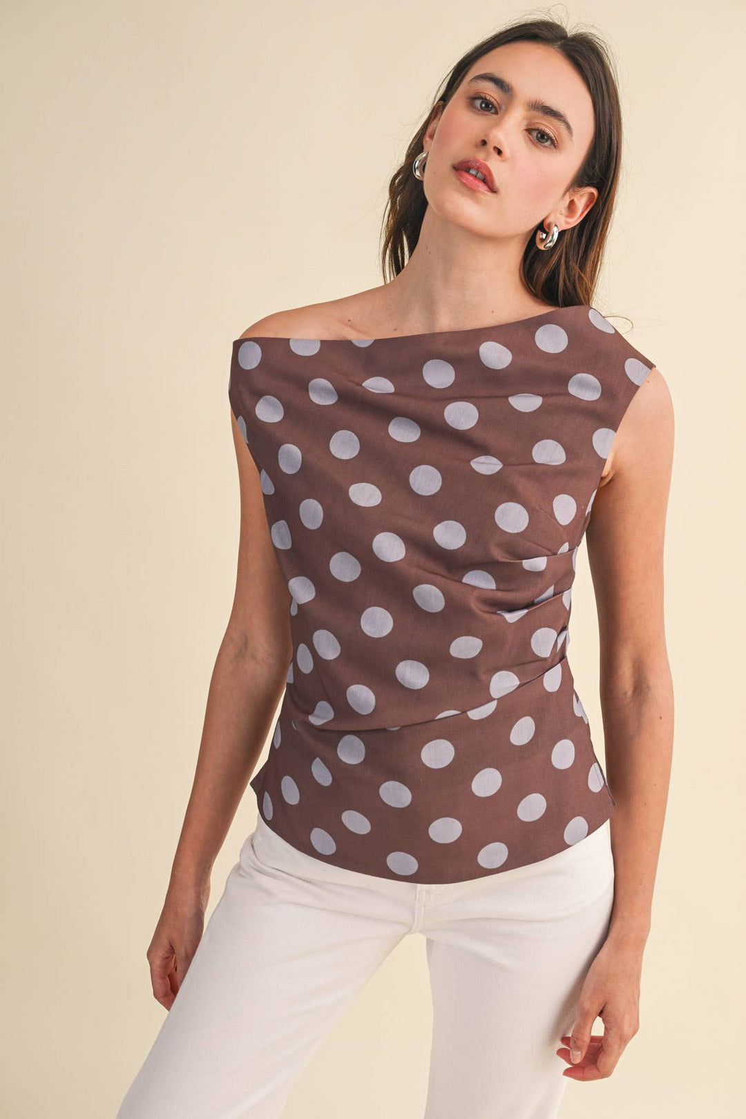 Brown Polka Dot Off Shoulder Top