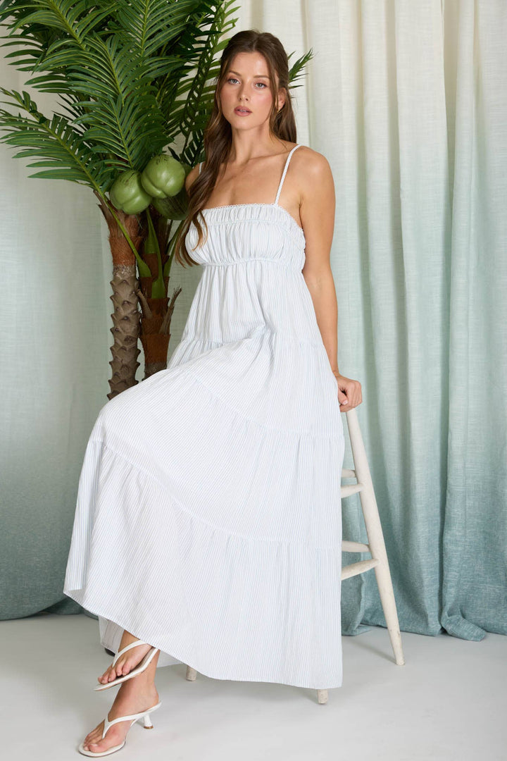 Denim Stripe Tiered Midi Dress