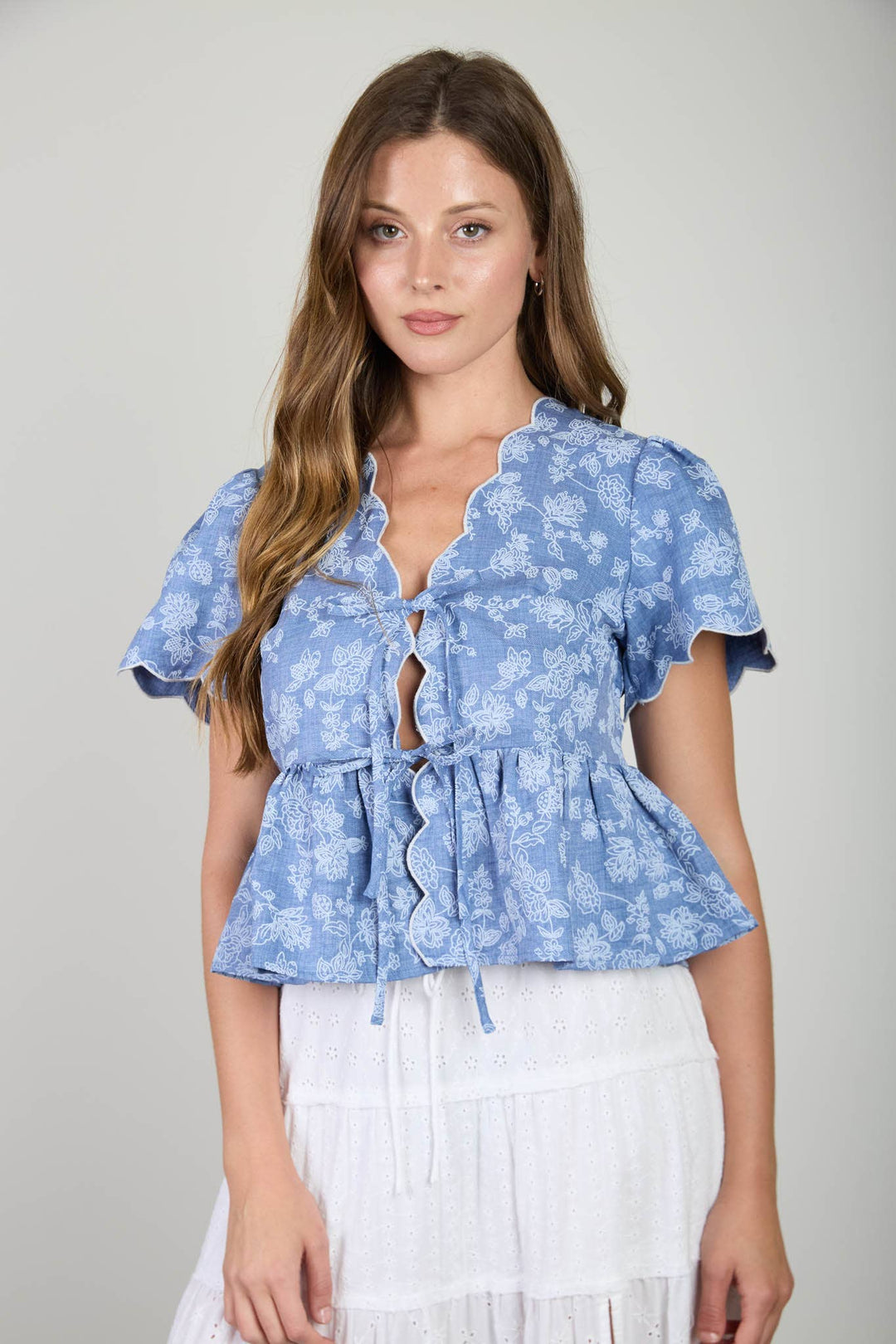 Denim Floral Tie Front Peplum Top