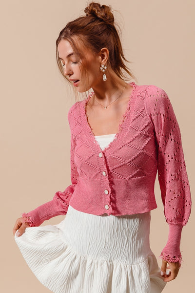 Pink Cable Knit Cropped Cardigan