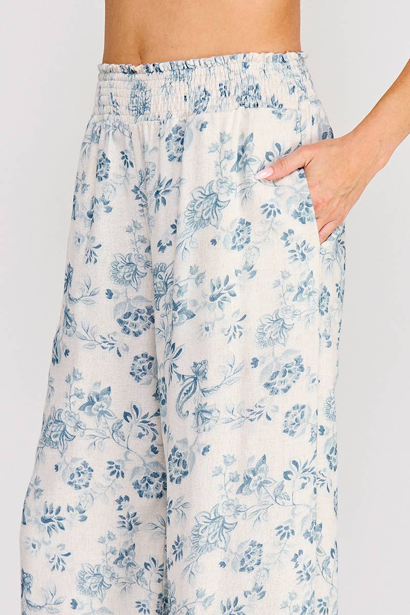 Blue Smocked Wide Leg Pant