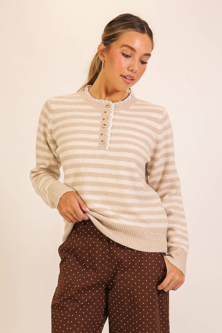Taupe Stripe Henley Knit Sweater