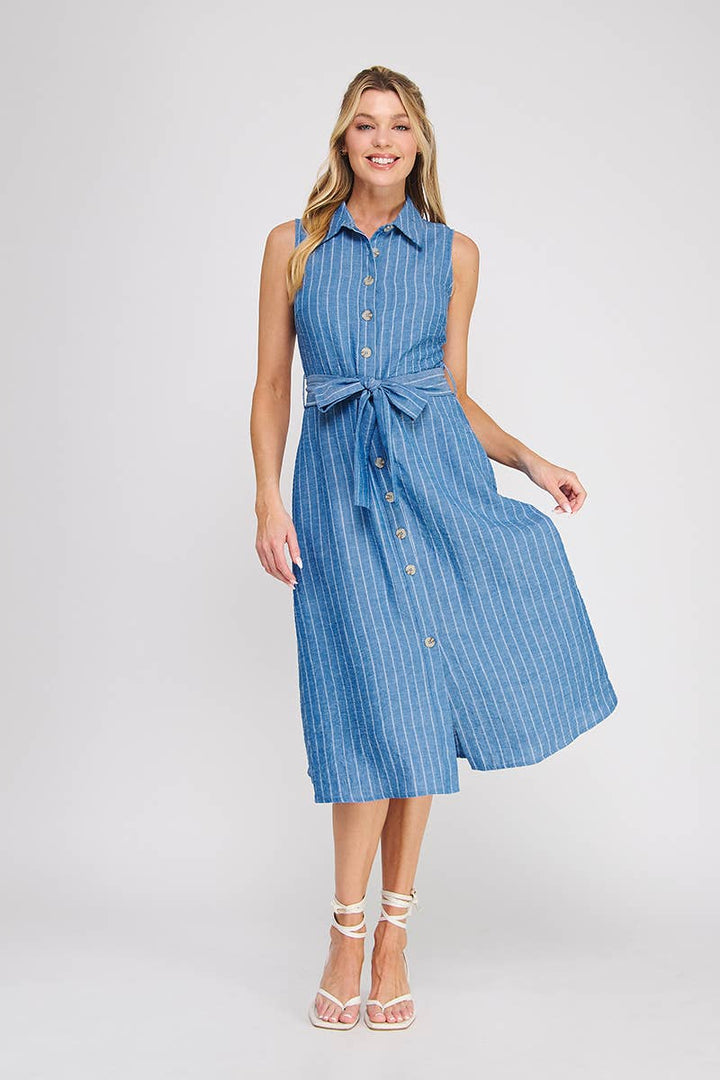 Royal Blue Striped Button Down Midi Dress