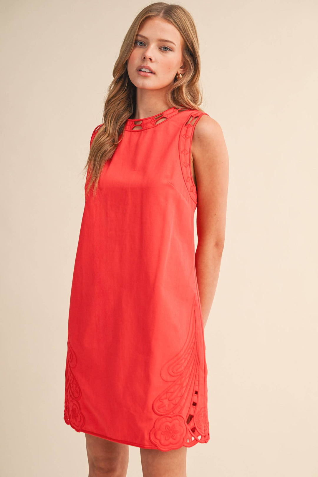 Red Embroidered Shift Dress