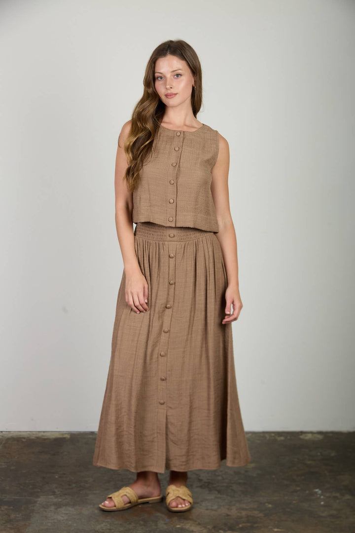 Mocha Button Down Midi Skirt