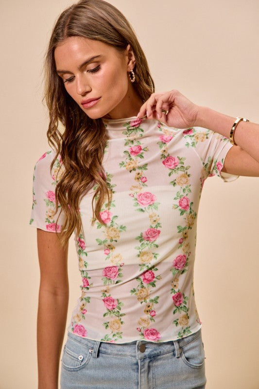 Pink Floral Rose Print Mesh Top