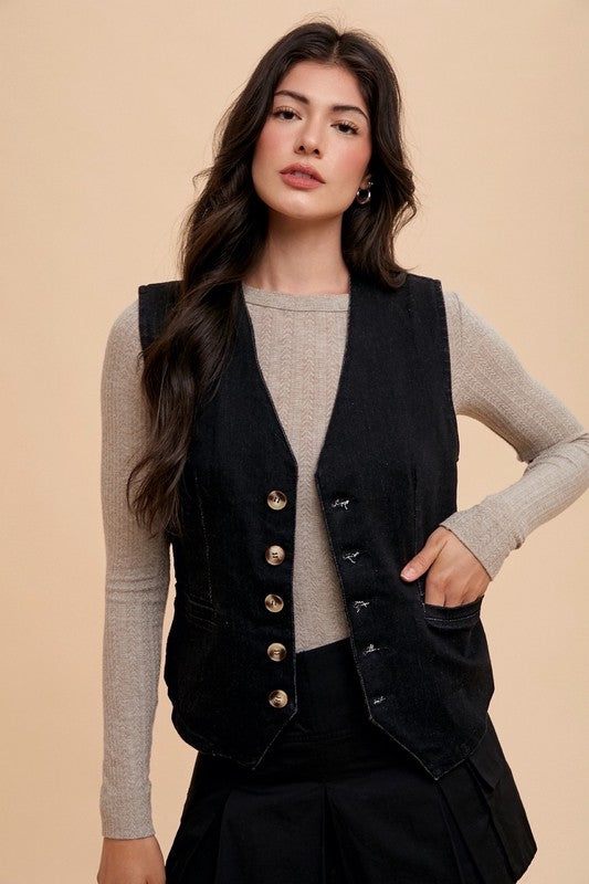 Black Denim Button Down Vest