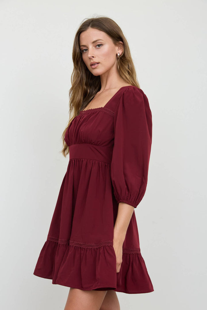 Burgundy Lace Trim Mini Dress