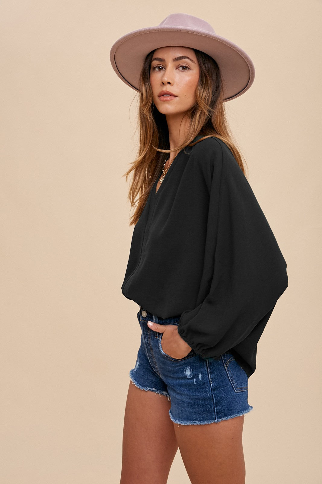 Black Loose Fit Placket Blouse