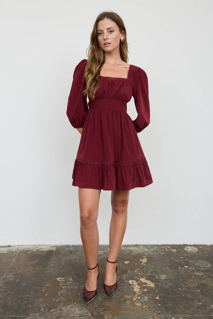 Burgundy Lace Trim Mini Dress