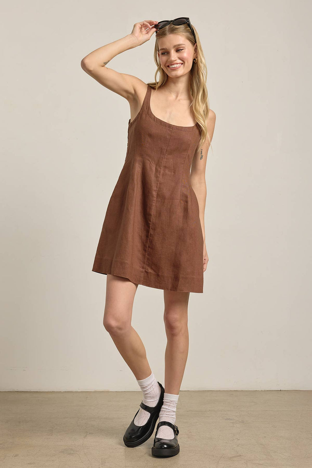 Brown Linen Square Neck Mini Dress