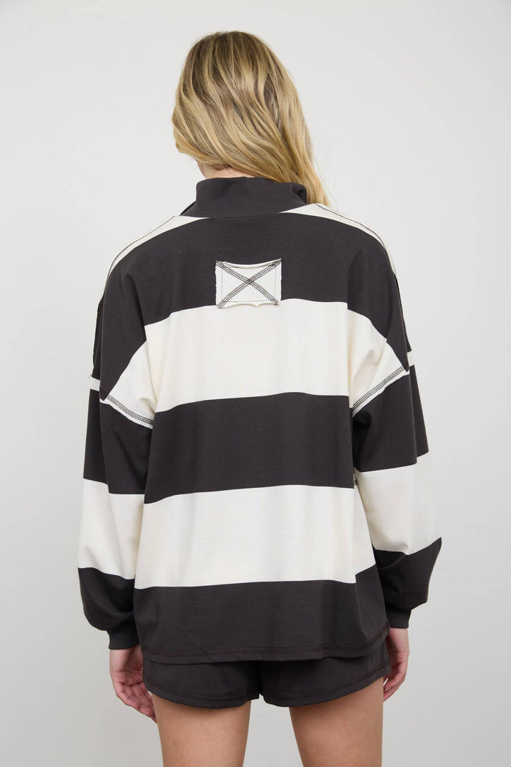 Charcoal Wide Stripe Half Zip Top